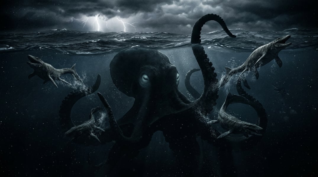 Size comparison between modern octopus and ancient Cretaceous giant octopus