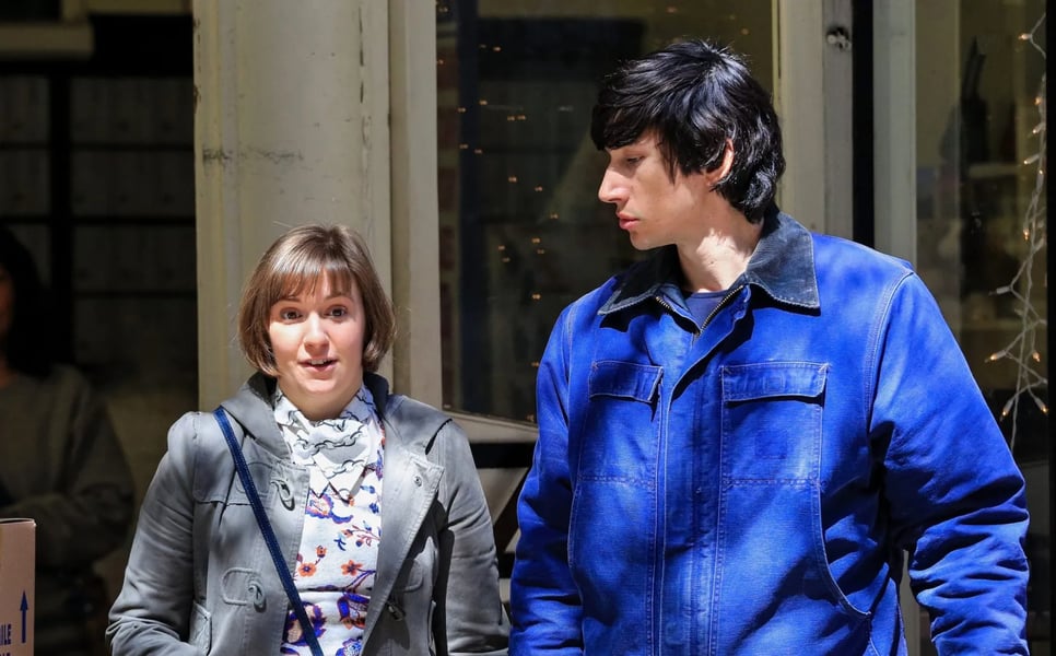 Still from HBO Girls featuring Lena Dunham and Adam Driver on set