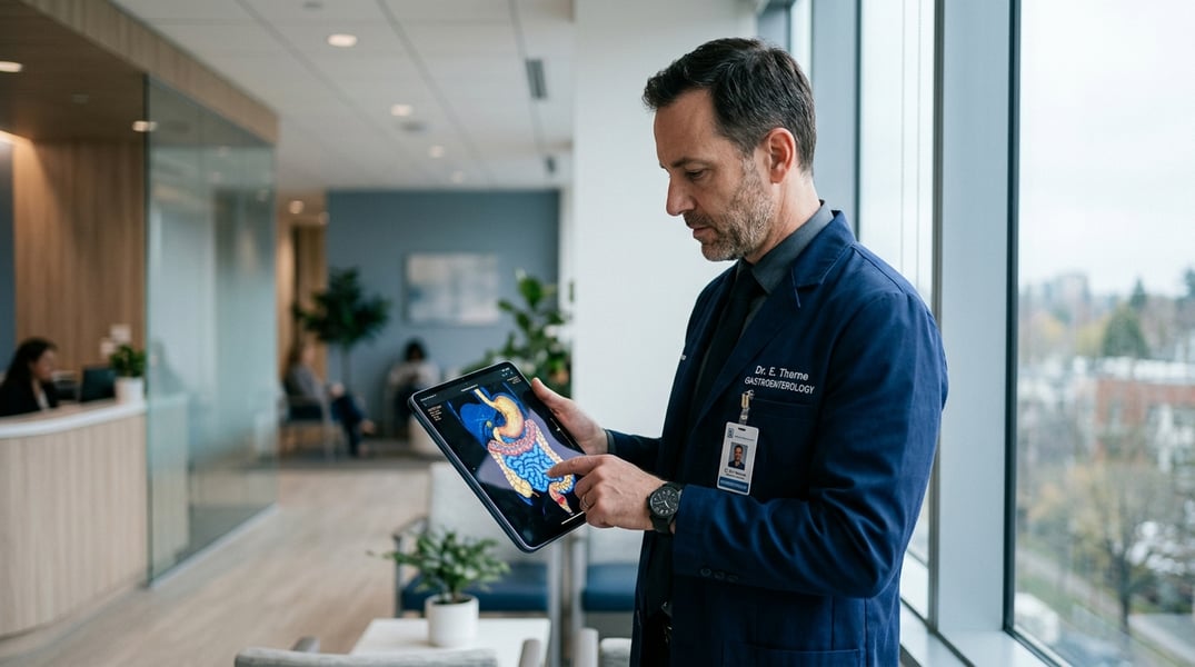 Gastroenterologist analyzing IBS diagnostic scans in modern clinic
