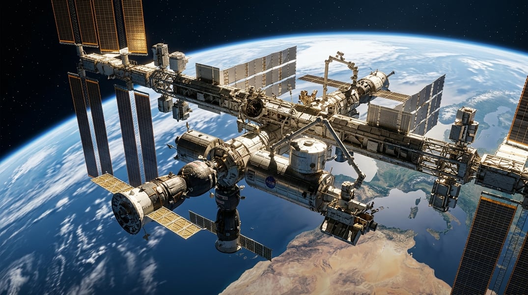 International Space Station with multiple docked cargo spacecraft including Progress module