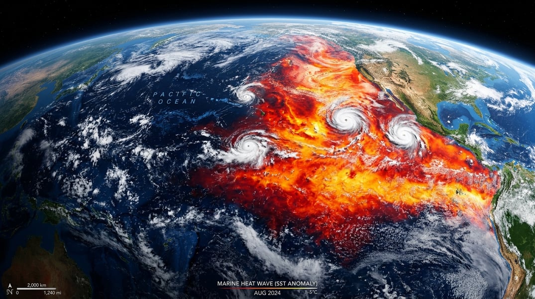 Massive marine heat wave spreads across the Pacific Ocean raising hurricane and wildfire risks