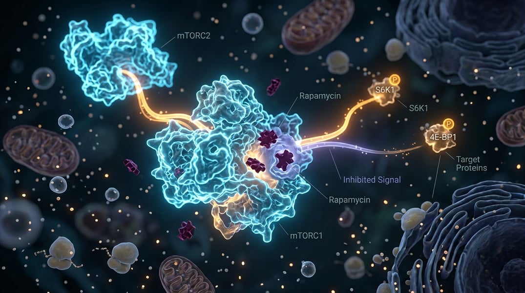 Diagram of mTOR pathway inhibited by rapamycin affecting muscle growth and metabolism