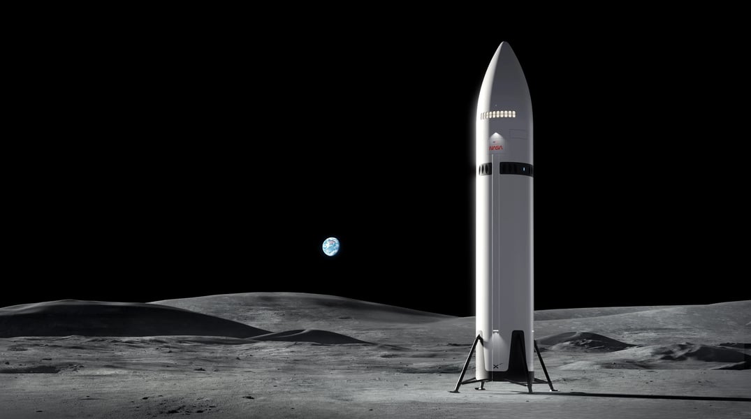 NASA Artemis III Lunar Mission Concept NASA Artemis III spacecraft approaching lunar surface in artist illustration