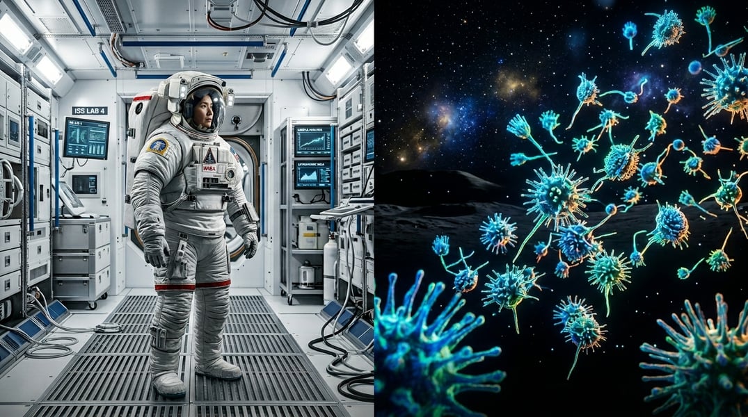 Split image showing astronaut and glowing fungal spores representing space contamination risk