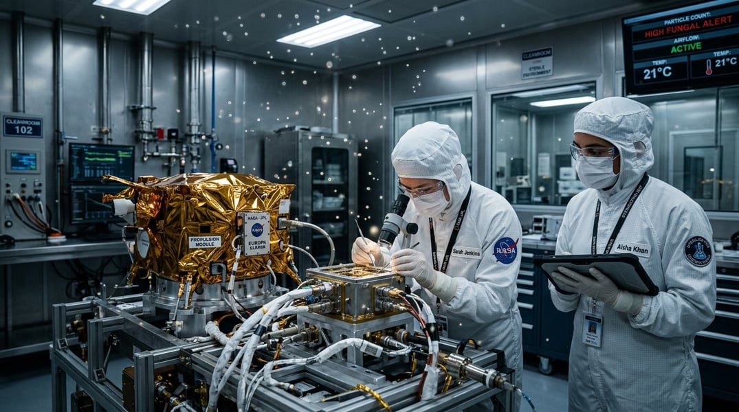 NASA cleanroom with scientists inspecting spacecraft and microscopic fungal contamination risk