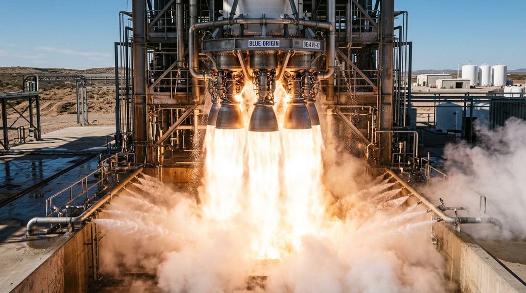 BE-4 engines firing during New Glenn hot-fire test at Cape Canaveral
