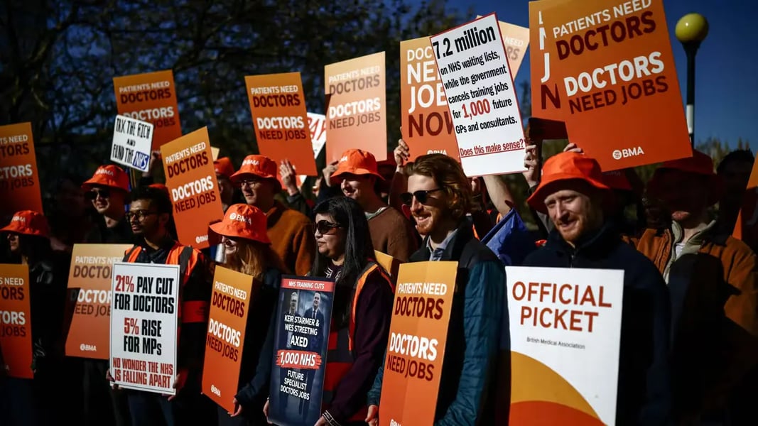 NHS doctors holding BMA banners during strike in England