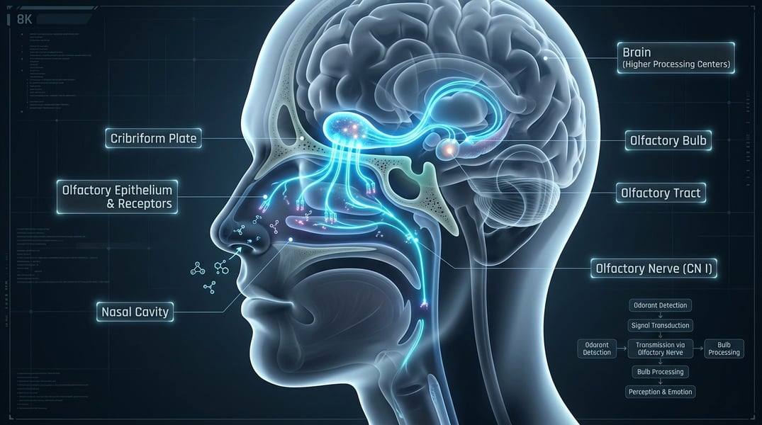 How Smell Travels From Nose to Brain Diagram of olfactory pathway from nose receptors to brain olfactory bulb
