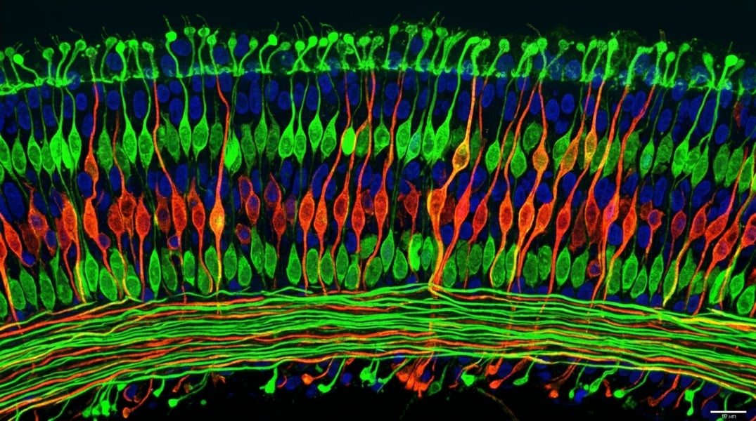 Olfactory Neurons Form Structured Patterns Microscopic view of olfactory neurons arranged in horizontal stripe patterns