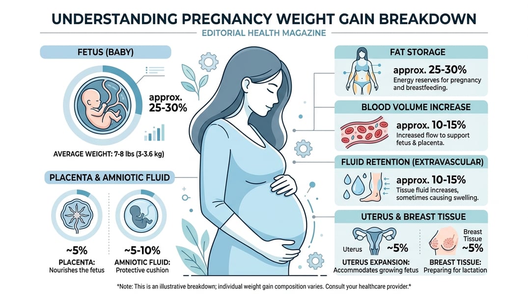 Medical infographic showing pregnancy weight gain components including fluid and fat