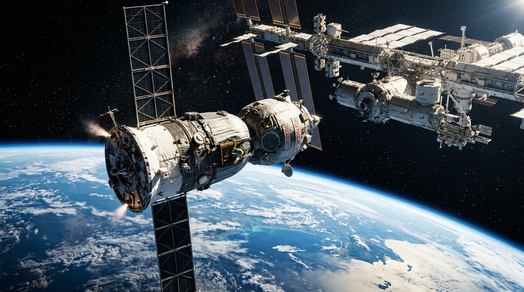Progress MS-34 spacecraft approaching International Space Station during orbital docking sequence