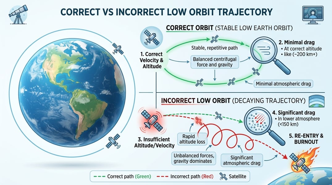 Diagram showing satellite placed in incorrect low Earth orbit after Blue Origin New Glenn mission failure