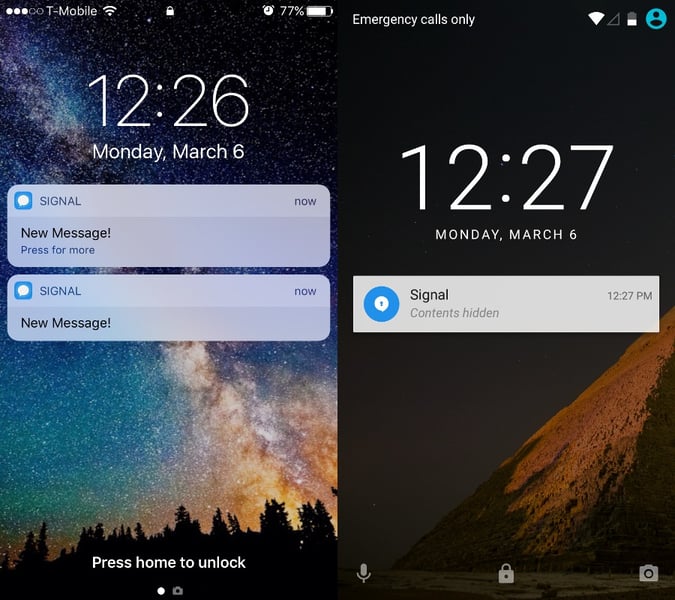 Signal messages exposed via iPhone notification previews Signal message preview visible on iPhone lock screen highlighting notification privacy issue