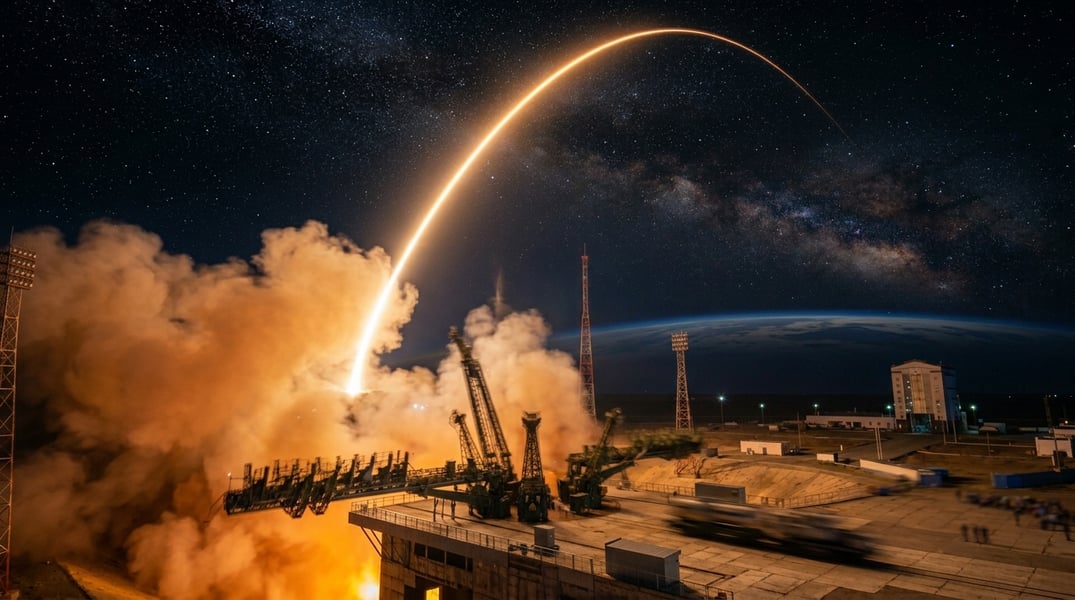 Soyuz rocket launching Progress MS-34 cargo spacecraft toward International Space Station from Baikonur Cosmodrome