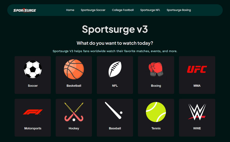 Sportsurge live sports streaming platform showing NBA playoff and NHL playoff game listings in 2026