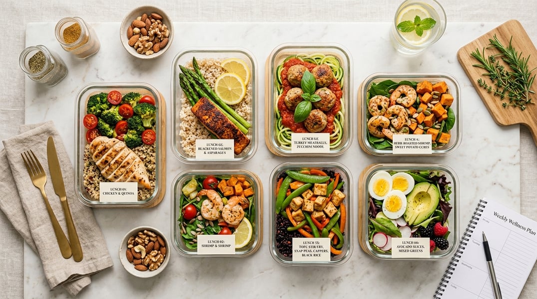 Structured diet meal plan showing portion-controlled healthy food containers