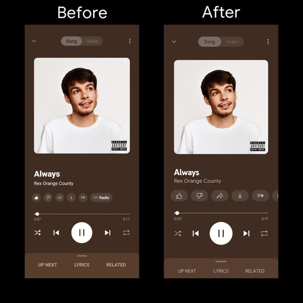 Comparison of old and new YouTube Music Now Playing screen