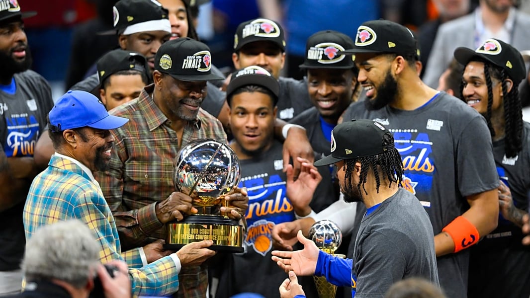 Jalen Brunson celebrates after leading the New York Knicks to the NBA Finals in 2026