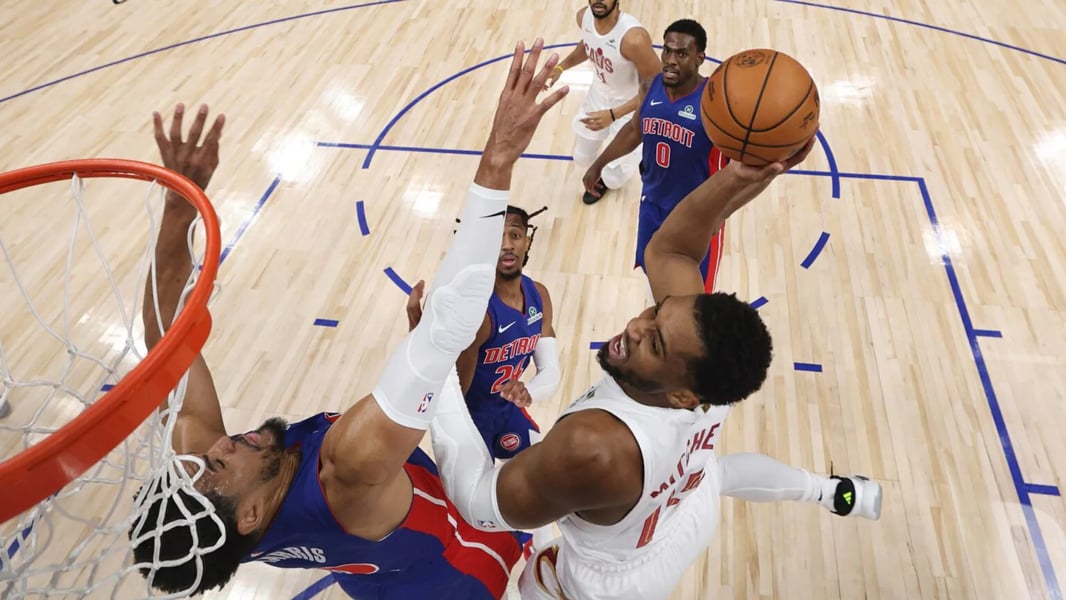 Mitchell Leads Cavaliers Offense in Game 7 Donovan Mitchell attacking the rim during Game 7 vs Pistons
