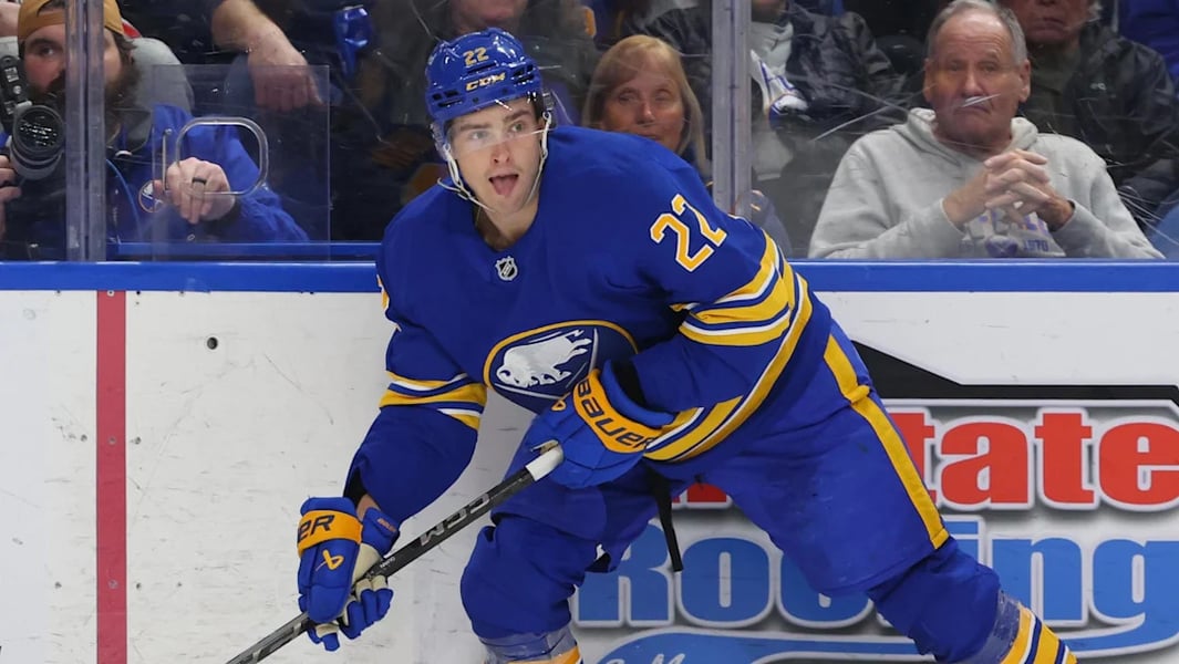 Jack Quinn celebrates after scoring for Buffalo Sabres against Montreal Canadiens in NHL playoffs