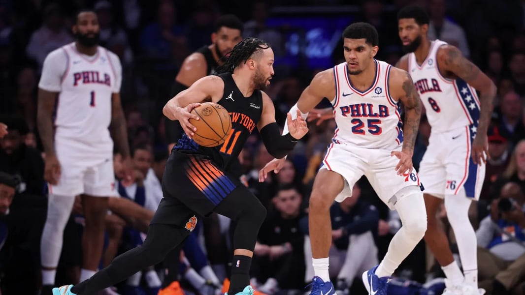 Knicks players celebrate momentum during their decisive third-quarter run against Cleveland