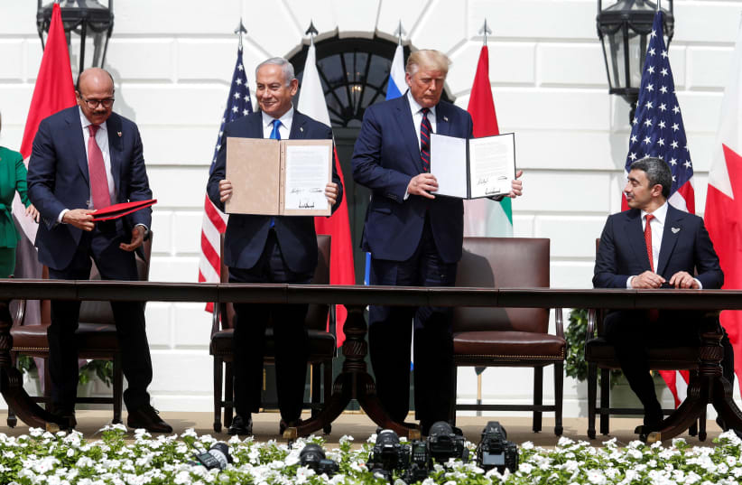 Leaders sign the Abraham Accords at the White House in September 2020 including Netanyahu, Trump, UAE and Bahrain foreign ministers