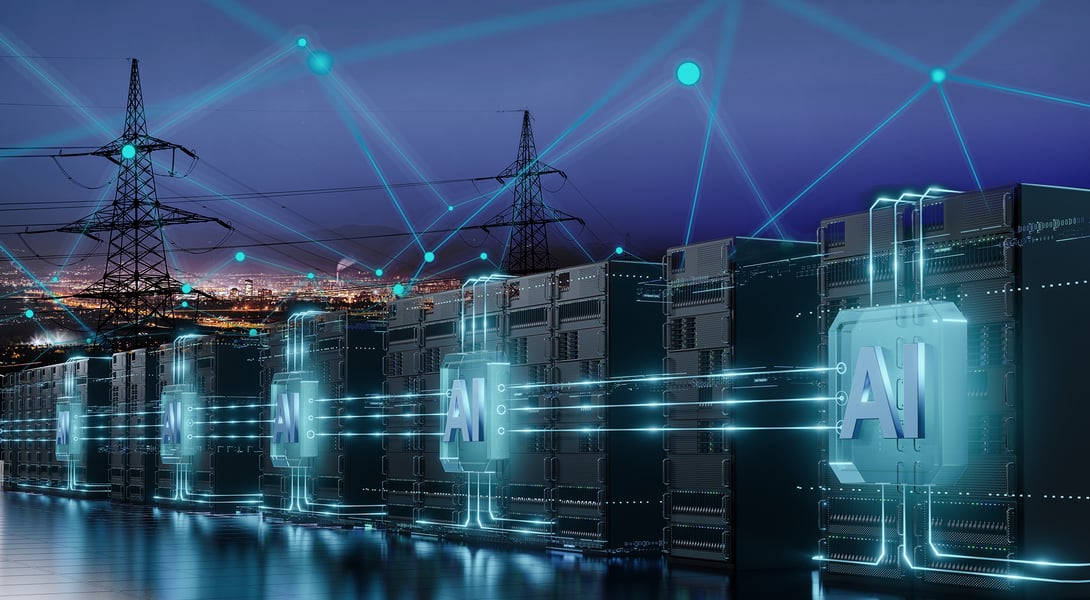Large scale AI data center server racks consuming high electricity for cloud computing and artificial intelligence workloads