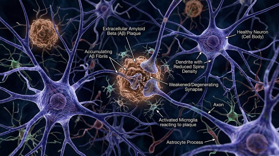 Amyloid beta plaques accumulating between neurons in Alzheimer’s disease brain