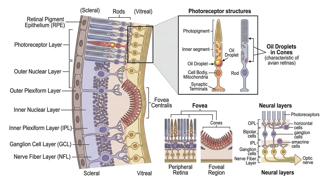 Bird Retina Structural Adaptation Diagram showing bird retina structure and photoreceptor density