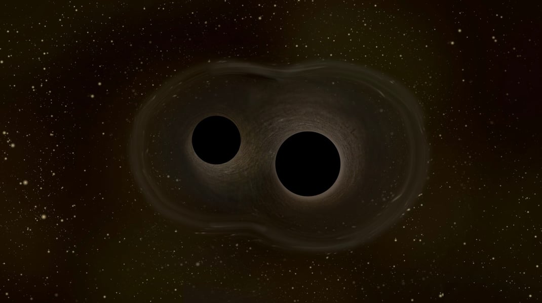 Two massive black holes merging in space, producing spacetime ripples and gravitational waves