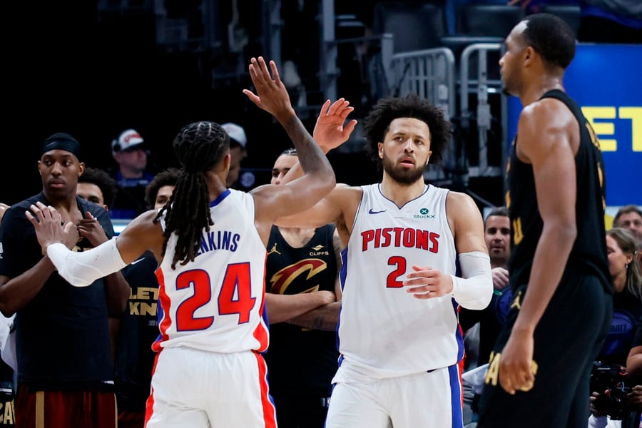 Cade Cunningham celebrates during Pistons Game 2 win over Cavaliers in 2026 NBA Playoffs