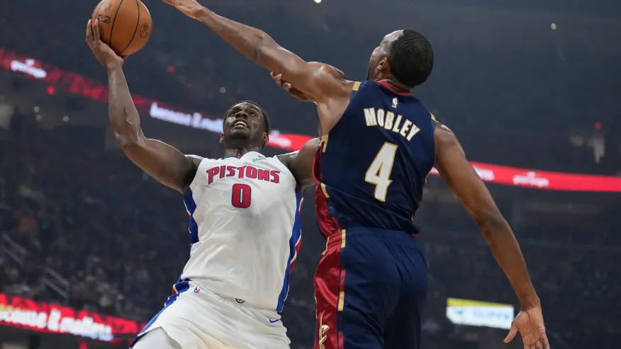 Cade Cunningham celebrates during the Pistons’ Game 6 playoff win over the Cavaliers in Cleveland