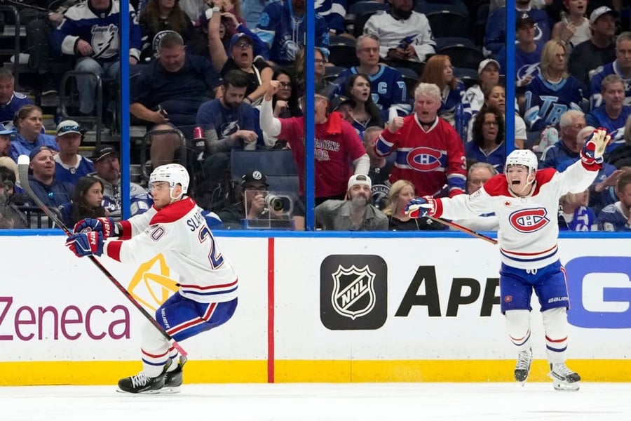 Juraj Slafkovský celebrates during Montreal Canadiens Game 1 win over Carolina Hurricanes in the Eastern Conference Final