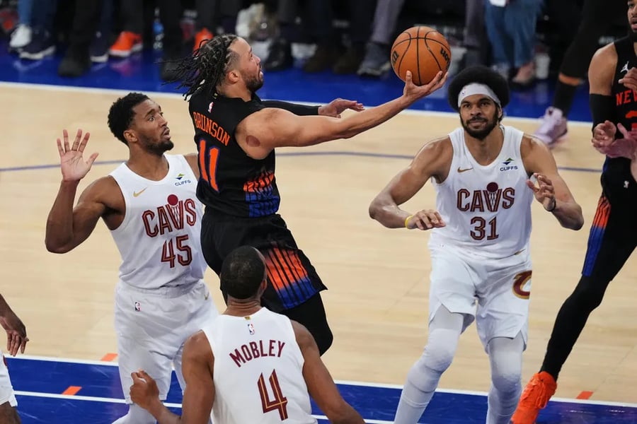 Donovan Mitchell reacts during the Cavaliers' Game 2 loss against the Knicks in the Eastern Conference Finals