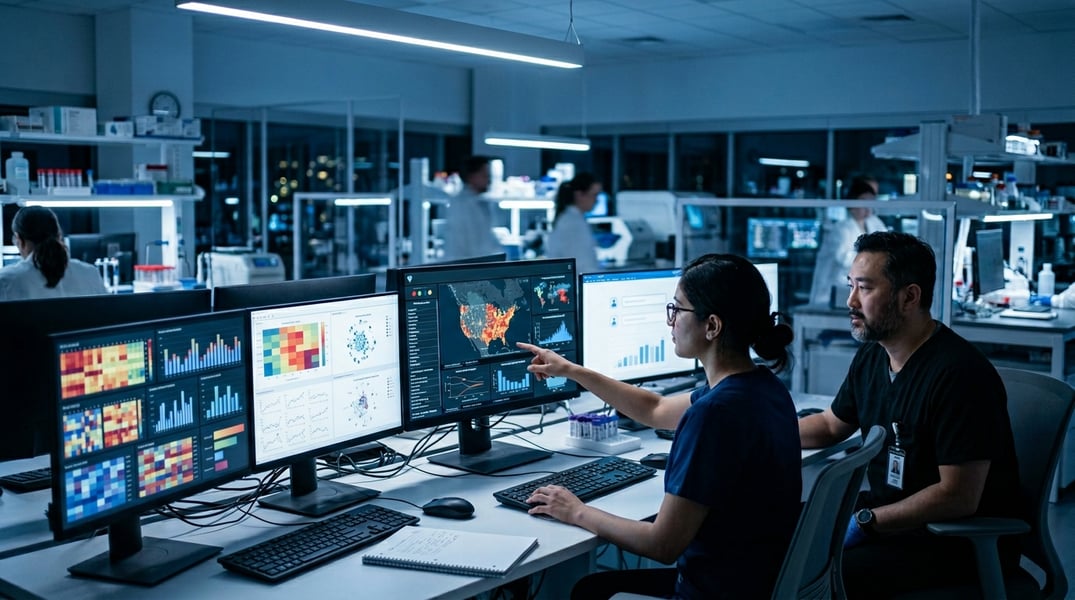 Scientists working in a CDC-style laboratory analyzing vaccine safety surveillance data on computer screens