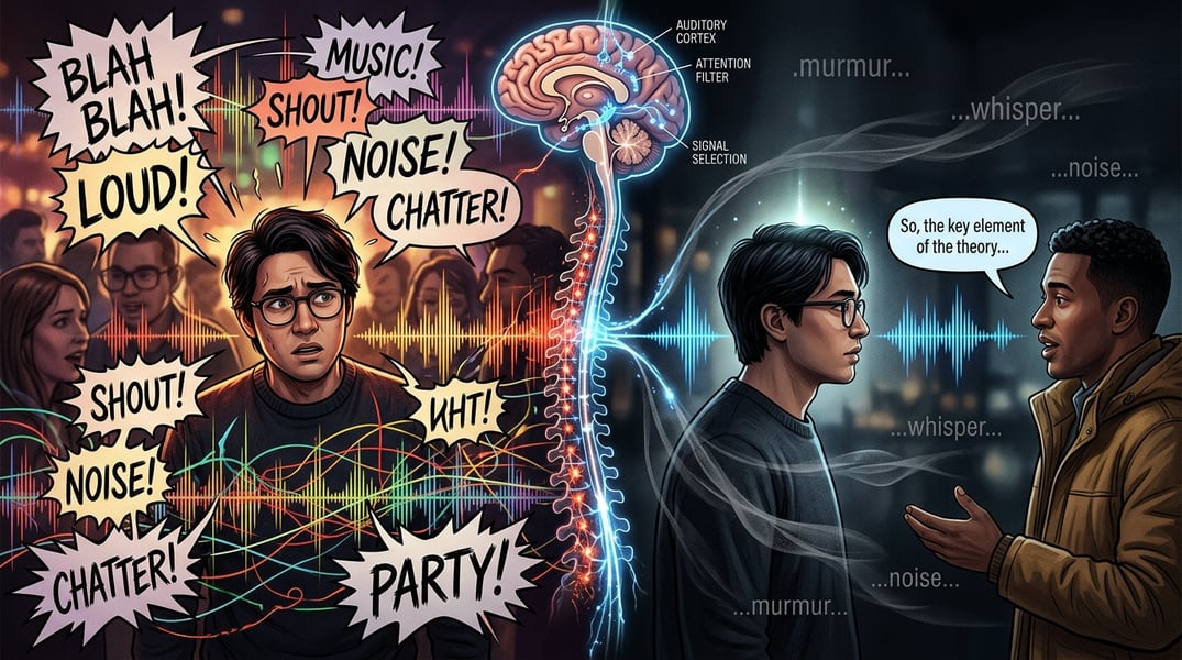 Illustration showing how brain-controlled hearing aids isolate one voice from multiple overlapping conversations