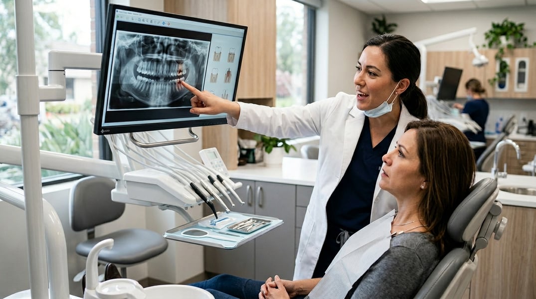 Dentist explaining cavity treatment options to patient using dental X-ray in modern clinic