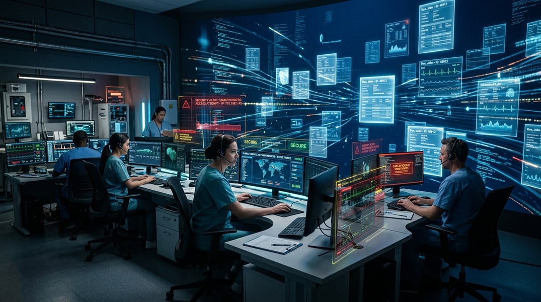 Hospital systems displaying digital patient records and cybersecurity data streams