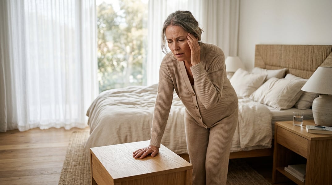 Person steadying themselves on a chair after feeling dizzy while standing up, an example of orthostatic hypotension