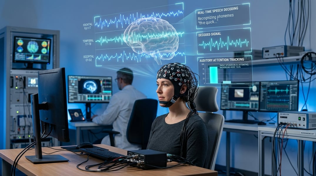 Electroencephalography headset measuring brain activity for auditory attention decoding in hearing research