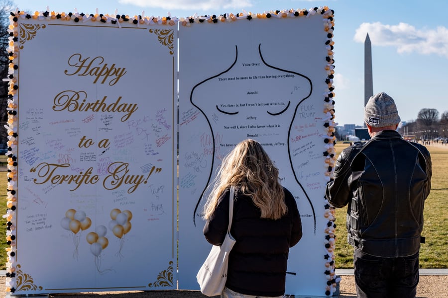Protest art installation of Trump's alleged birthday message to Jeffrey Epstein on the National Mall in Washington January 2026