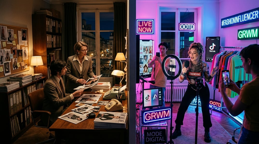 Contrast between traditional fashion editorial world and influencer-driven media