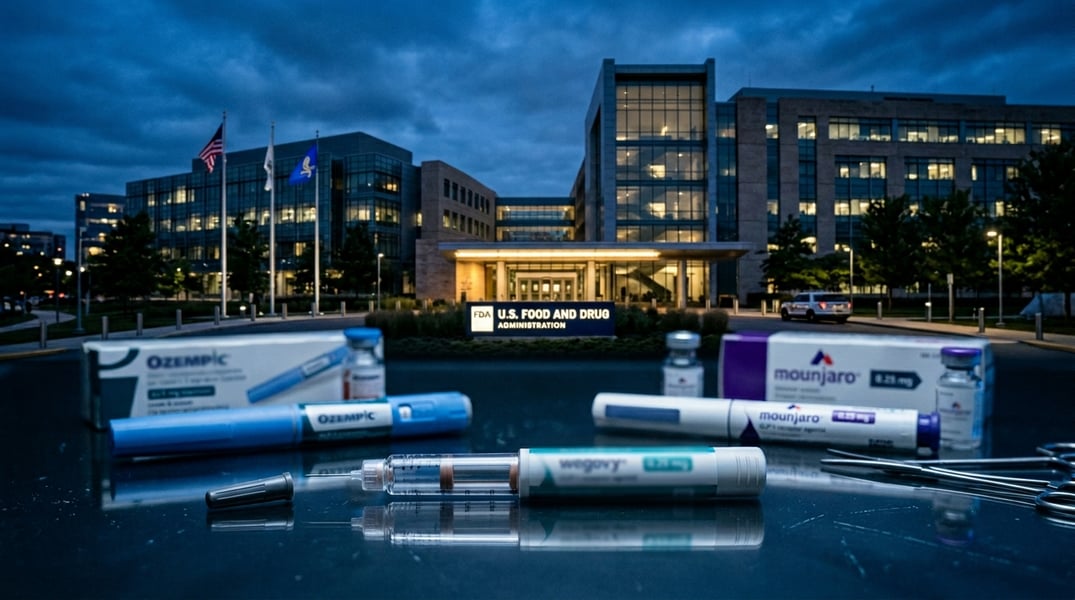 FDA headquarters with GLP-1 injection pens representing weight-loss drug regulation crackdown