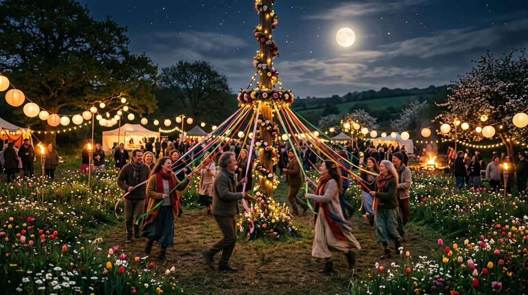May Day celebration under Flower Moon with floral fields and moonlit sky