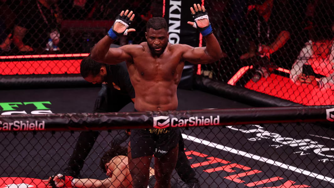 Francis Ngannou celebrates after knocking out Philipe Lins at MVP MMA 1 while Jon Jones superfight rumors explode