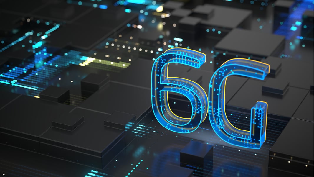Concept illustration of AI-powered 6G wireless infrastructure in a futuristic smart city