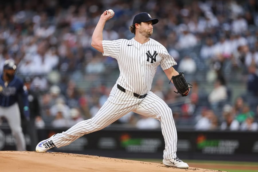 Gerrit Cole reacts after six shutout innings in his Yankees return against the Rays in 2026