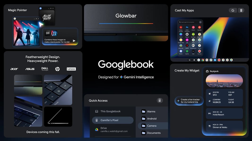 Googlebook desktop interface with widgets and Android apps