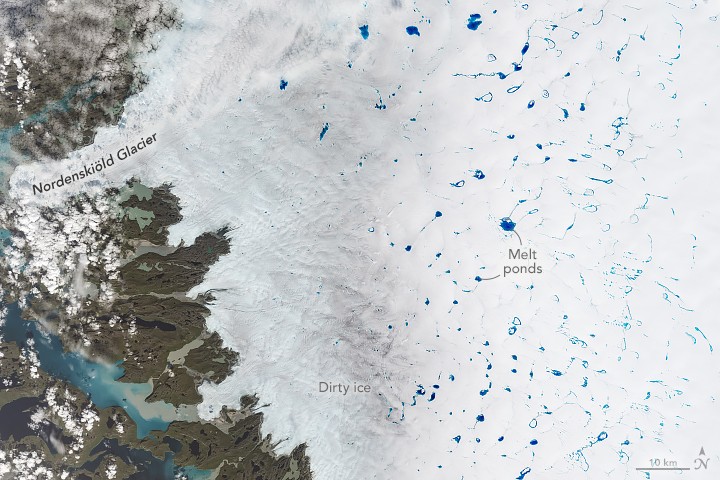 NASA Landsat 9 satellite image of meltwater ponds forming on the Greenland Ice Sheet in July 2025, evidence of accelerating ice melt