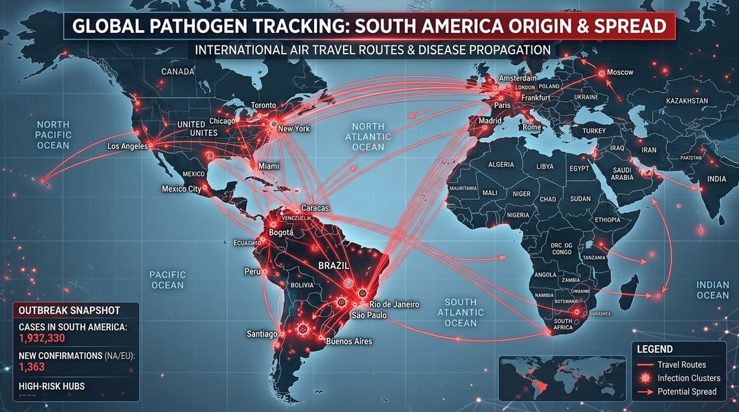 Global map showing passenger travel routes after MV Hondius cruise ship hantavirus outbreak spread across multiple countries
